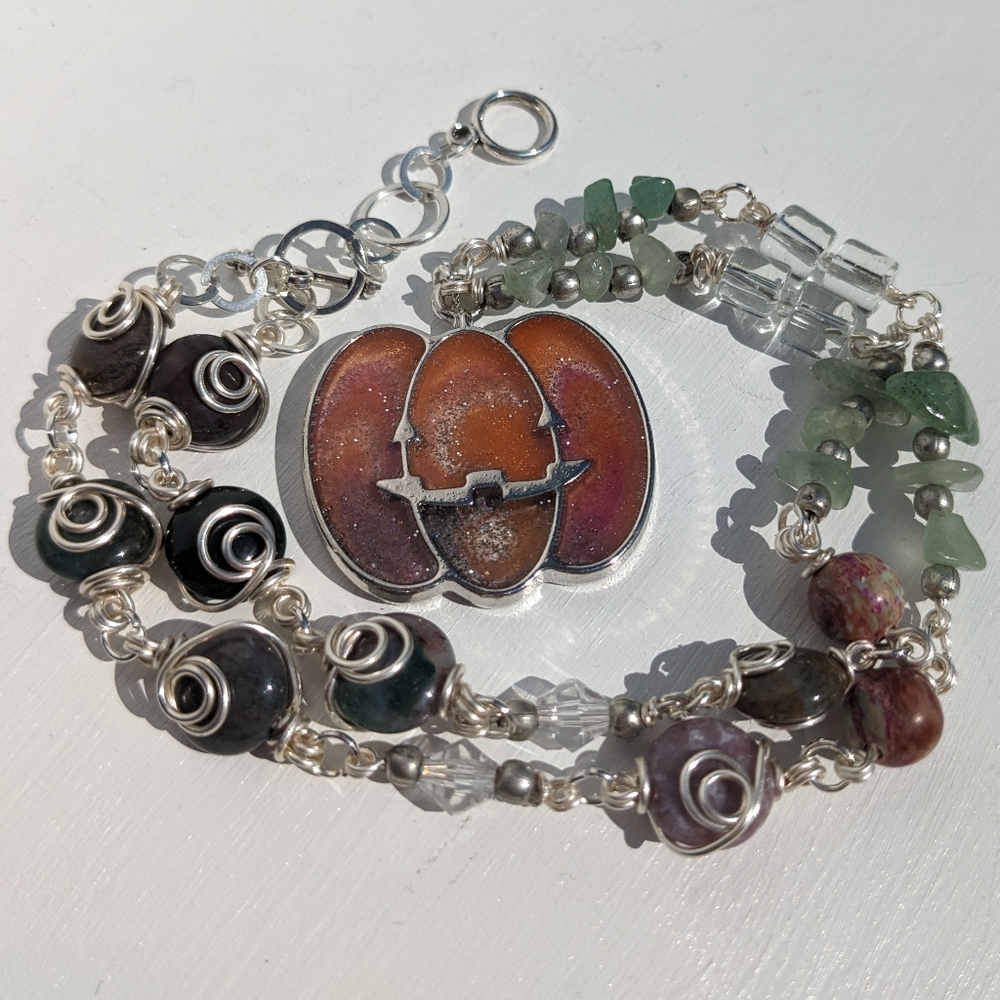 ๐SOLD๐ Pumpkin Necklace Silver Crystals Jasper Green Aventurine Artisan Resin - Picture 1 of 14